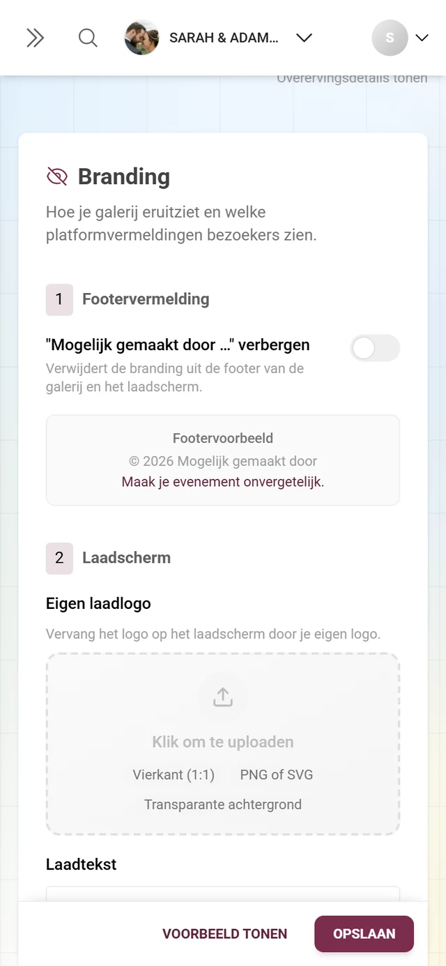 White-Label-tabblad met het blok Branding