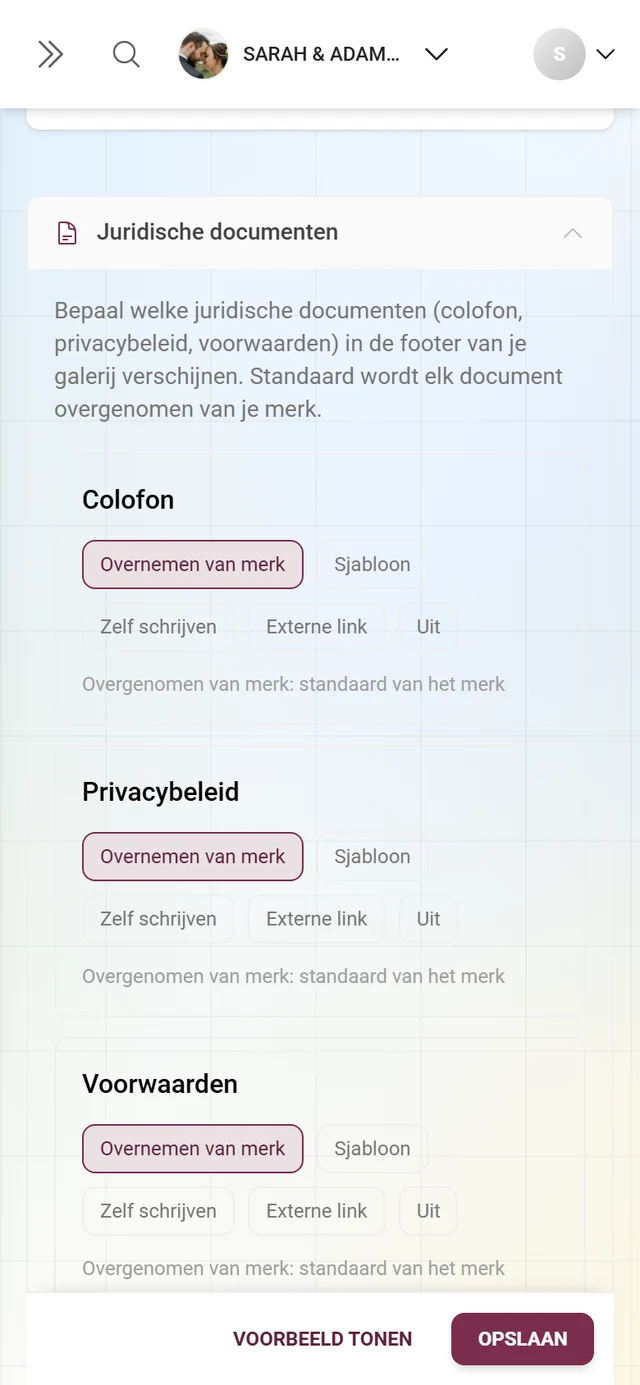 Uitgeklapte sectie Juridische documenten in het White-Label-tabblad