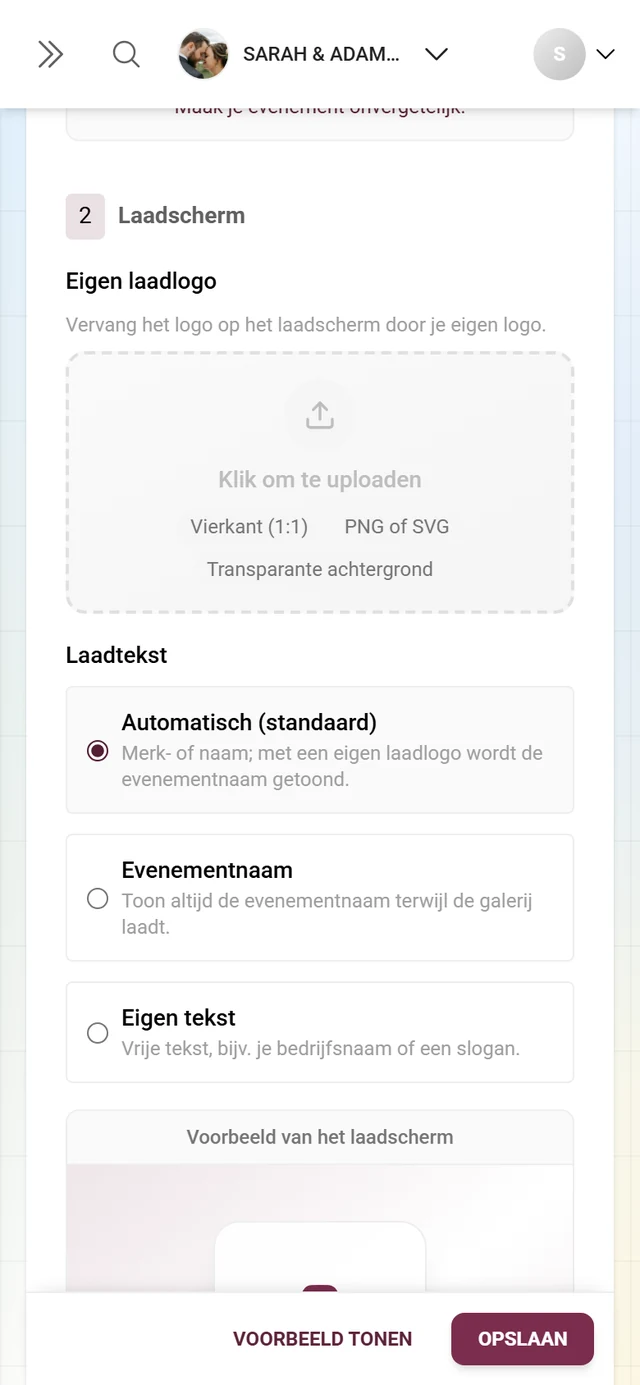 Blok 2 Laadscherm met sleepvlak voor het logo en de drie opties van de laadtekst