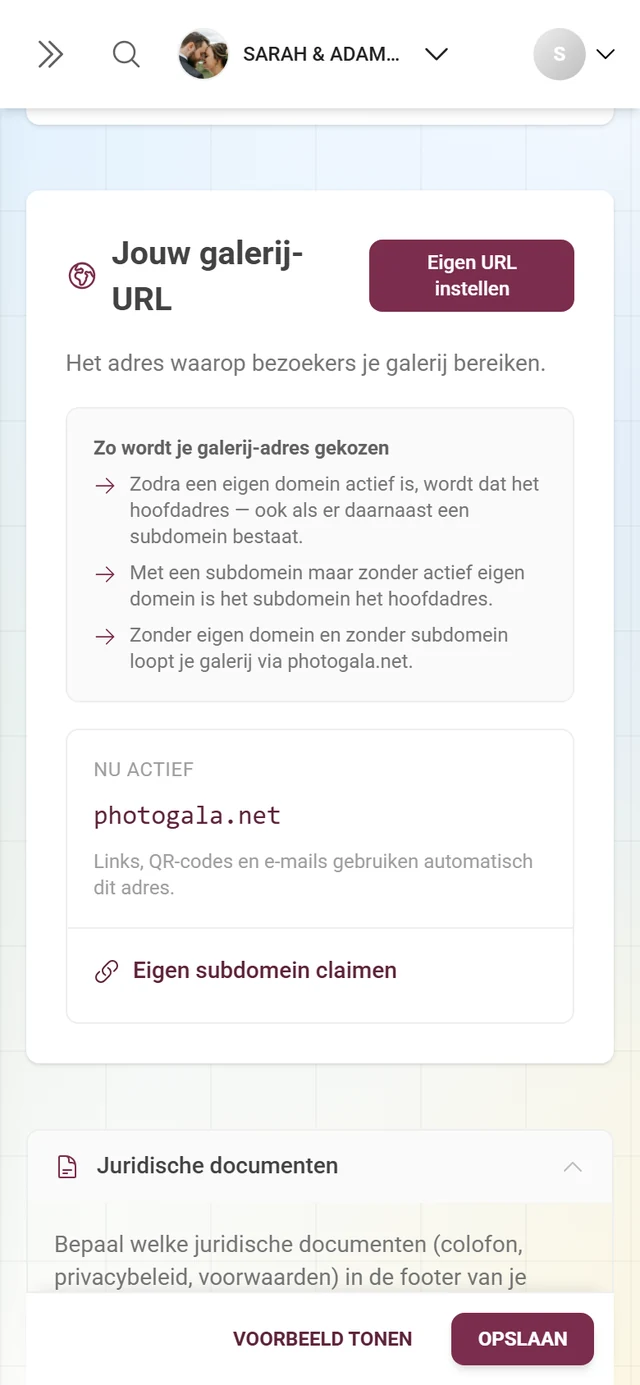 Sectie Jouw galerij-URL met het huidige adres