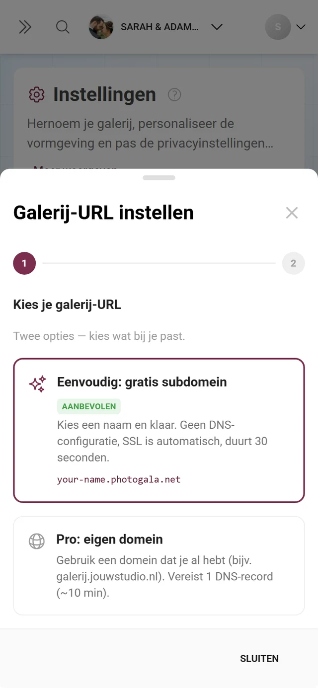 Assistent voor het instellen van een eigen galerij-URL