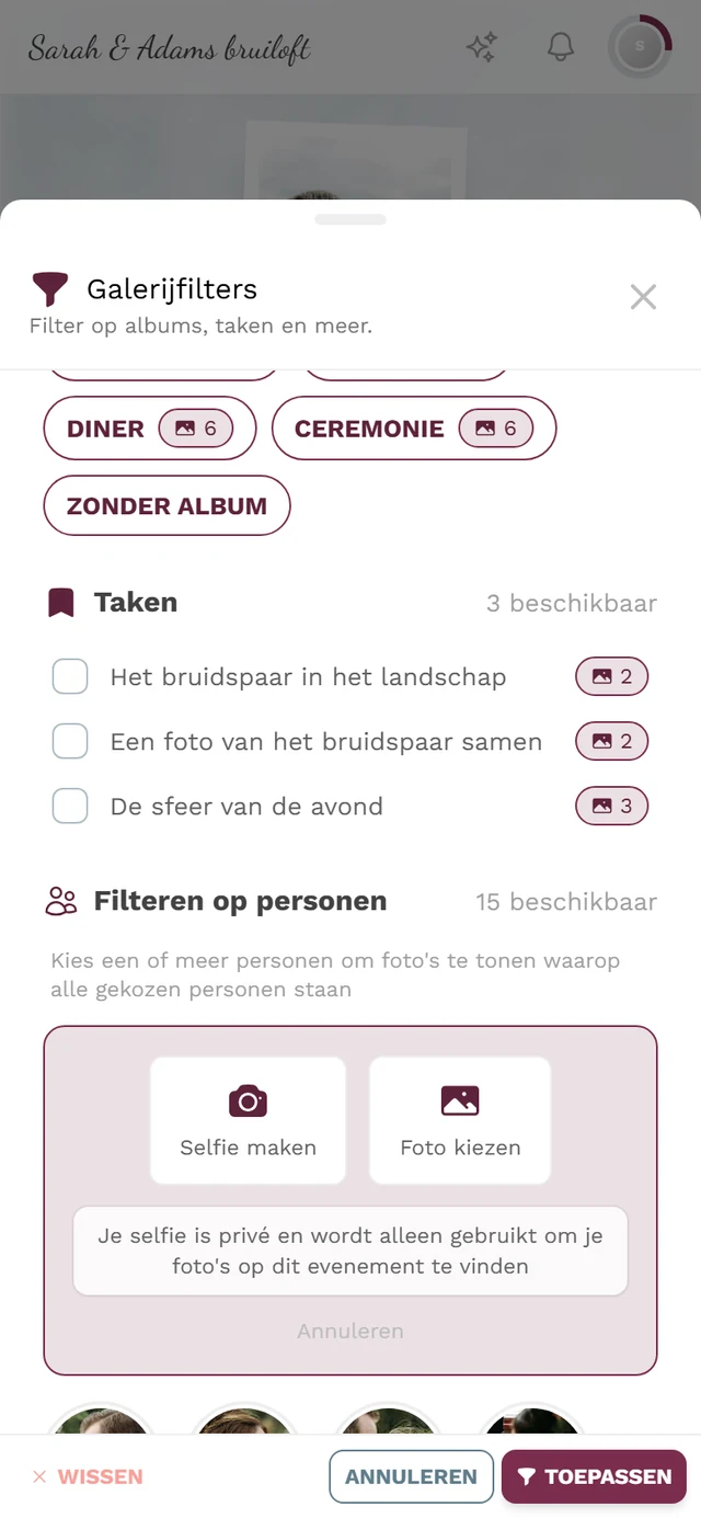 Vind-mij-bronkeuze met de knoppen Selfie maken en Foto kiezen plus de privacymelding