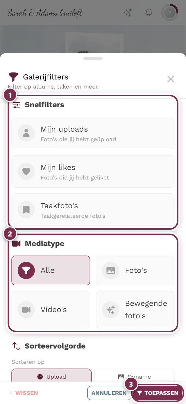 Geopend filterpaneel met onderdelen voor personen, albums en meer