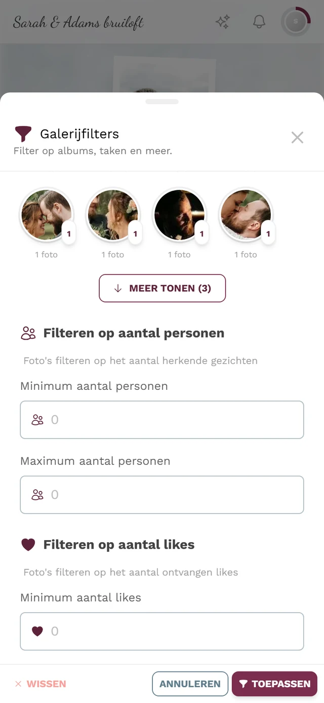 Filteronderdeel Filteren op aantal personen met de velden Minimum en Maximum aantal personen