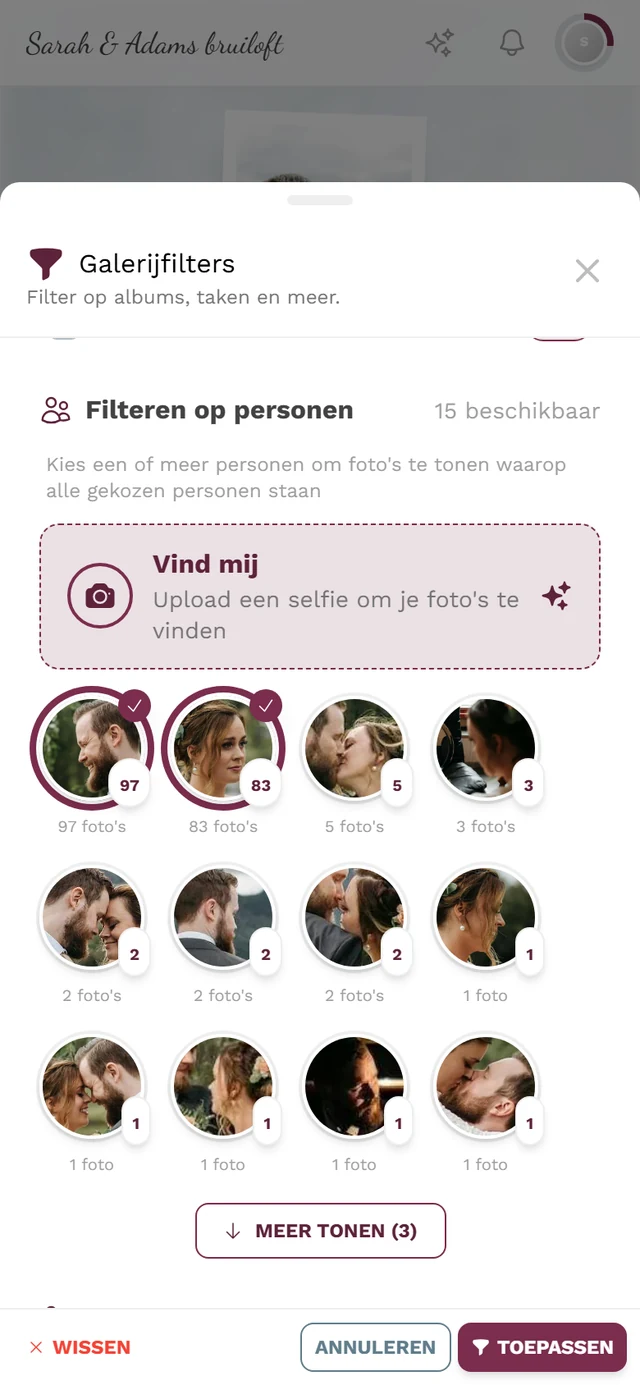 Persoontegels in het galerijfilter, twee ervan geselecteerd met ring en vinkje