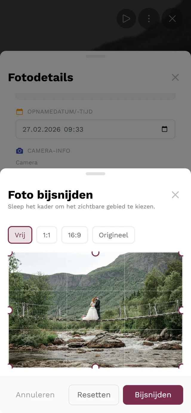 Dialoogvenster Foto bijsnijden met de beeldverhoudingen Vrij, 1:1, 16:9 en Origineel, het kader met ronde hoekgrepen en de knoppen Annuleren, Resetten en Bijsnijden