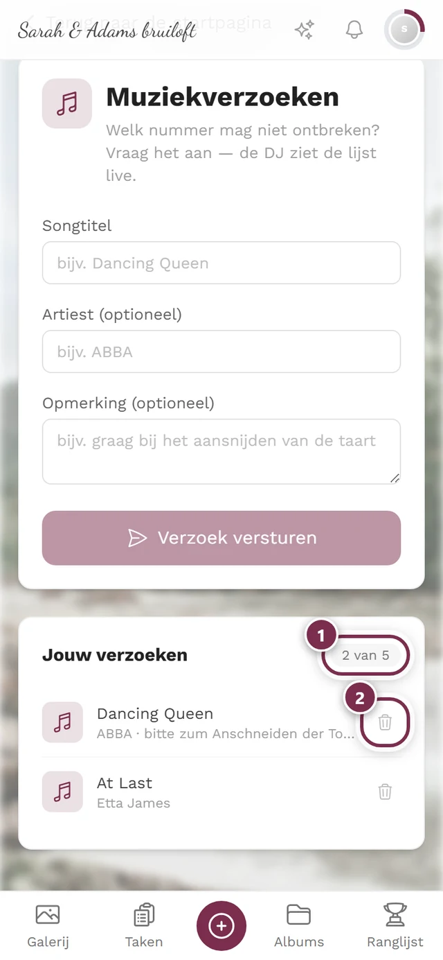 Sectie Jouw verzoeken met twee items, de teller 2 van 5 en de prullenbakiconen