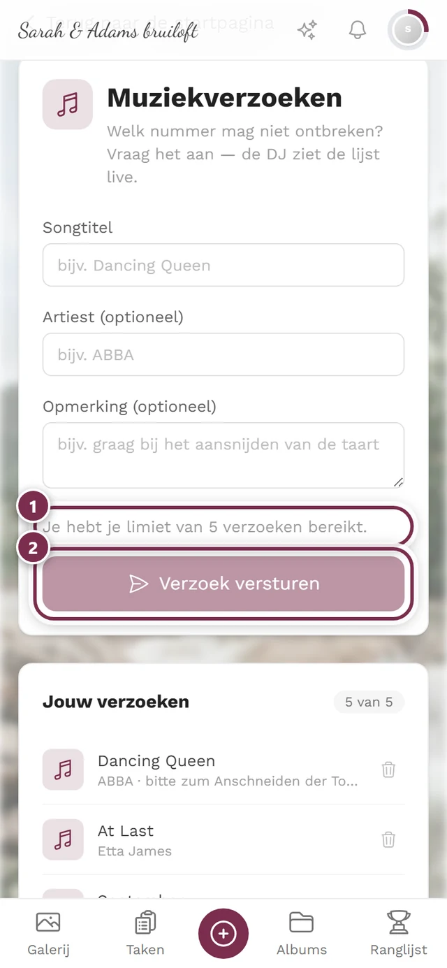 Formulier met grijze knop en de melding Je hebt je limiet van 5 verzoeken bereikt