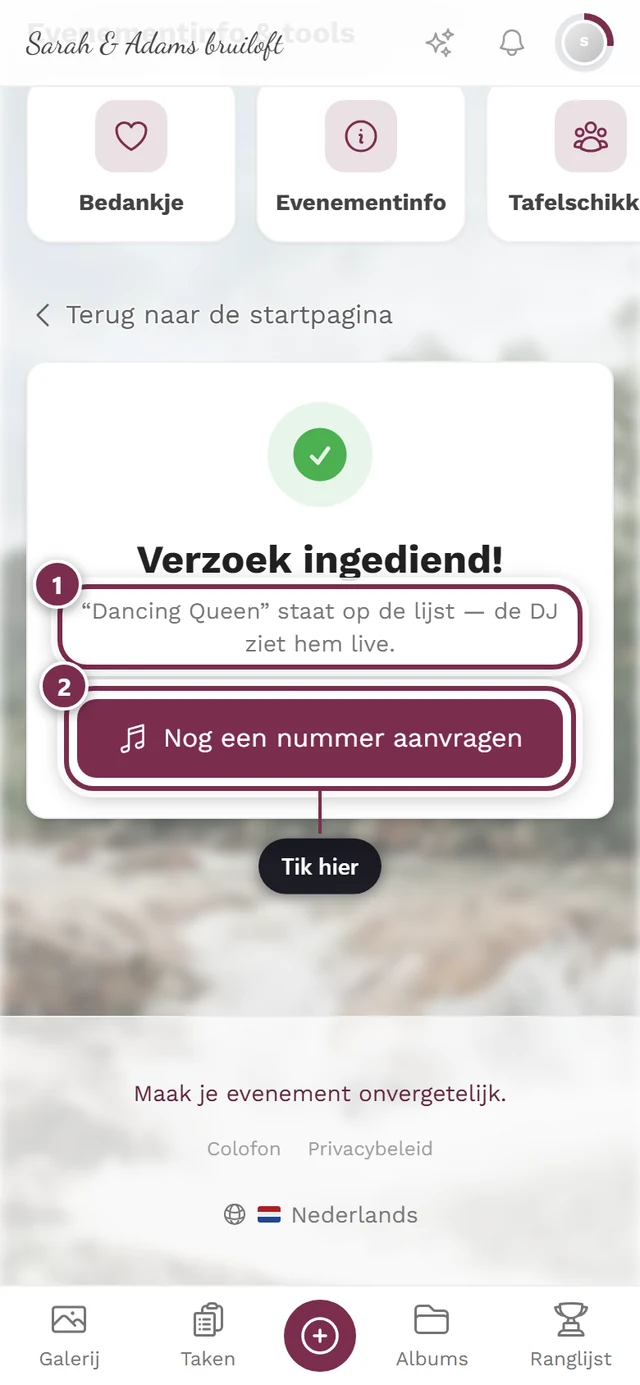 Bevestiging Verzoek ingediend met groen vinkje en de knop Nog een nummer aanvragen