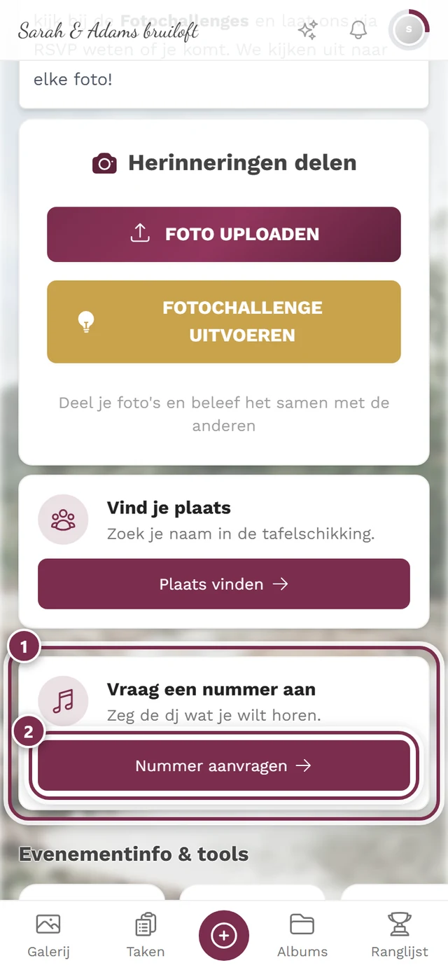 Startpagina van het event met de kaart Vraag een nummer aan en de knop Nummer aanvragen