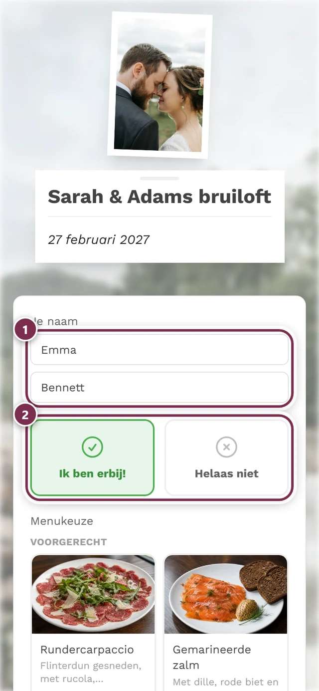 Klassieke weergave zonder assistent met naamvelden, toezegkaarten en het menu daaronder