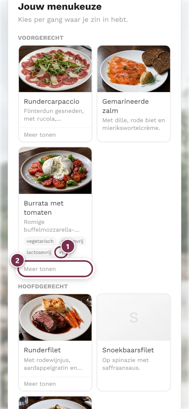 Gerechtkaart met de pil plus één bij de labels en de knop Meer tonen