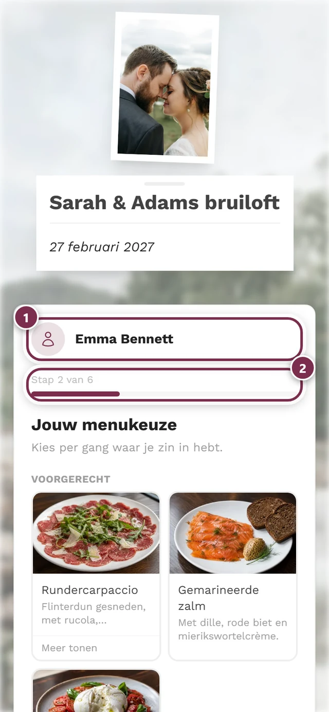 Antwoordformulier via een persoonlijke link met de naamkaart bovenaan en de stapindicator Stap 2 van 6