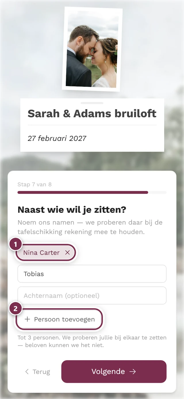 Stap Naast wie wil je zitten met een chip en een half ingevuld naamveld