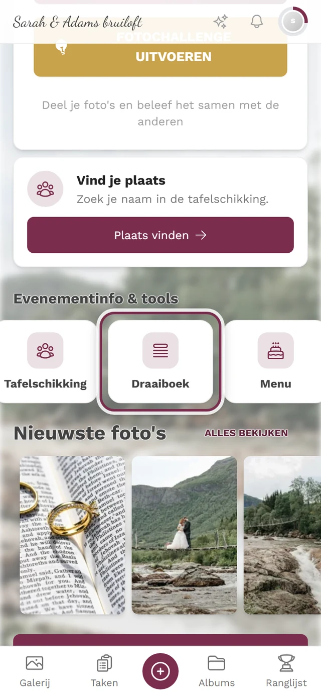 Startpagina van het event met gemarkeerde tegel Draaiboek in de toolbalk