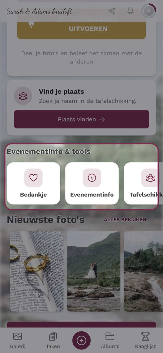 Startpagina van het event met de gemarkeerde balk Evenementinfo en tools