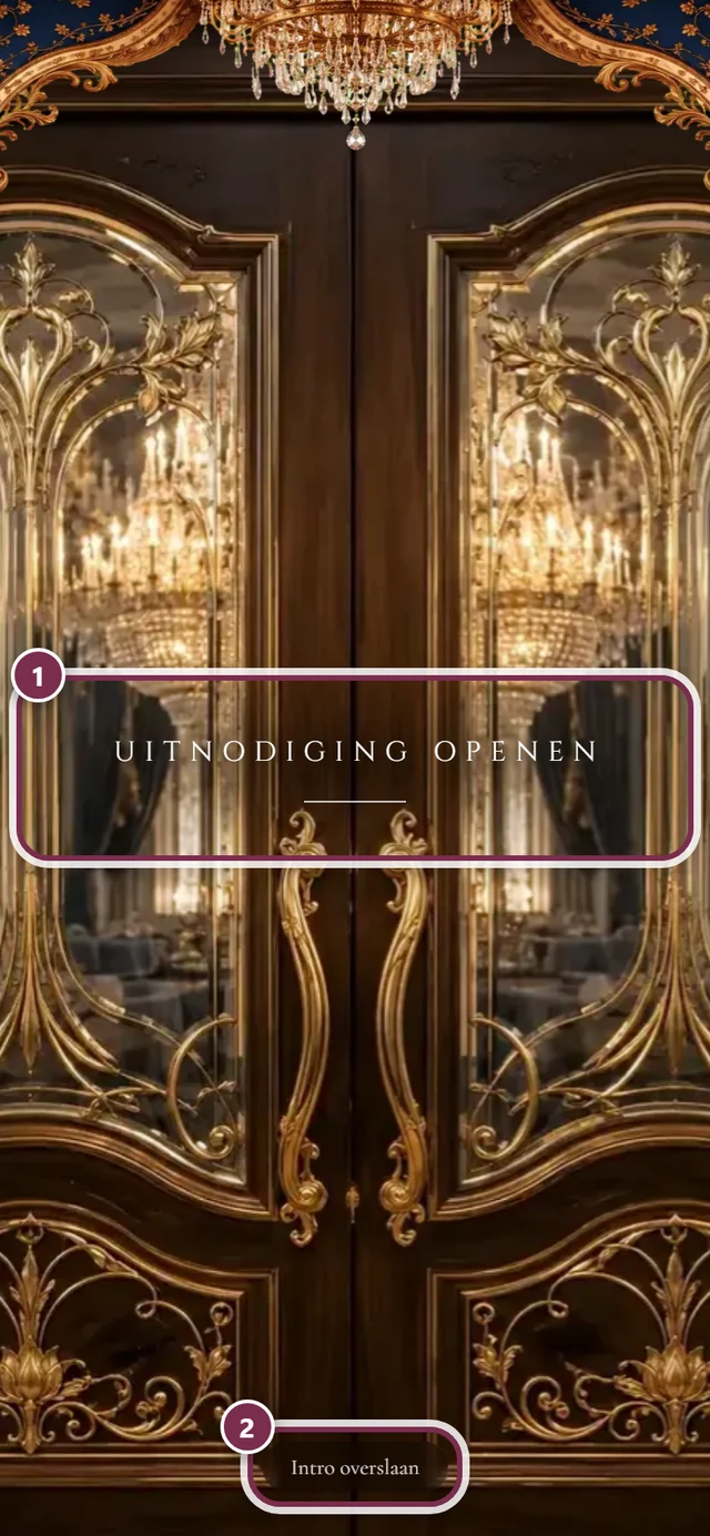Gesloten poort van de digitale uitnodiging met genummerde ringen om Uitnodiging openen en Intro overslaan