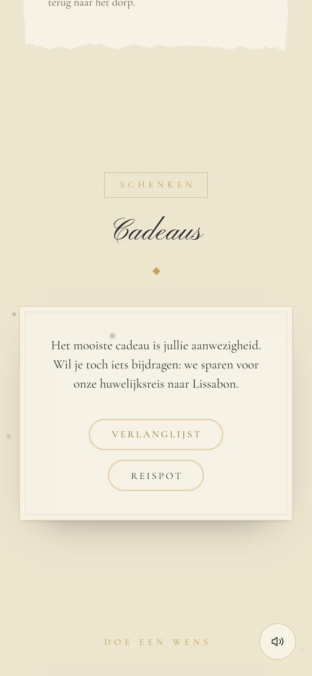 Onderdeel Cadeaus met een tekst en twee knoppen Verlanglijst en Reiskas