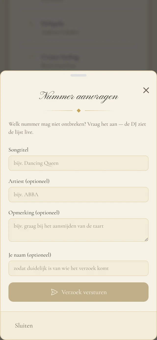 Venster Nummer aanvragen in de uitnodiging met de velden songtitel, artiest, opmerking en je naam