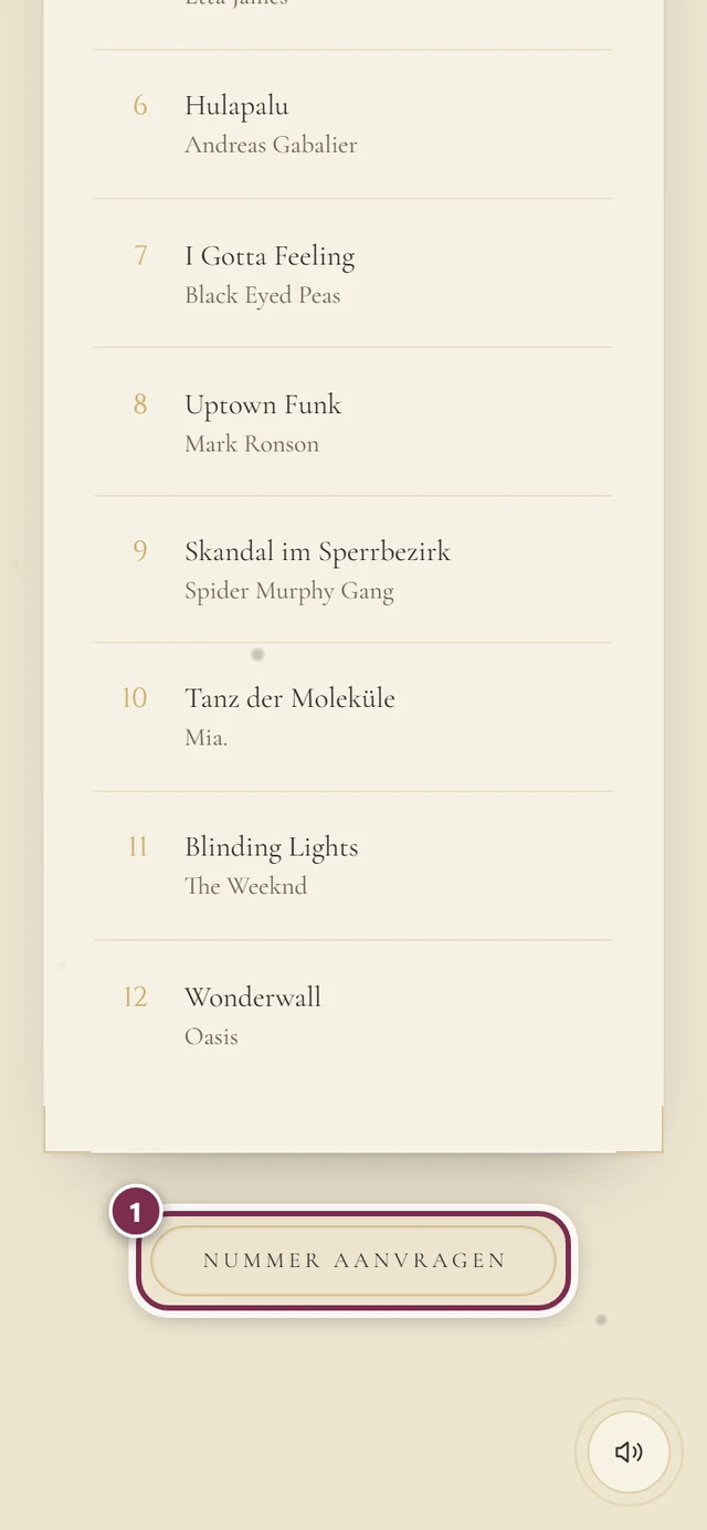 Onderdeel Onze playlist in de uitnodiging met een genummerde songlijst en de knop Nummer aanvragen