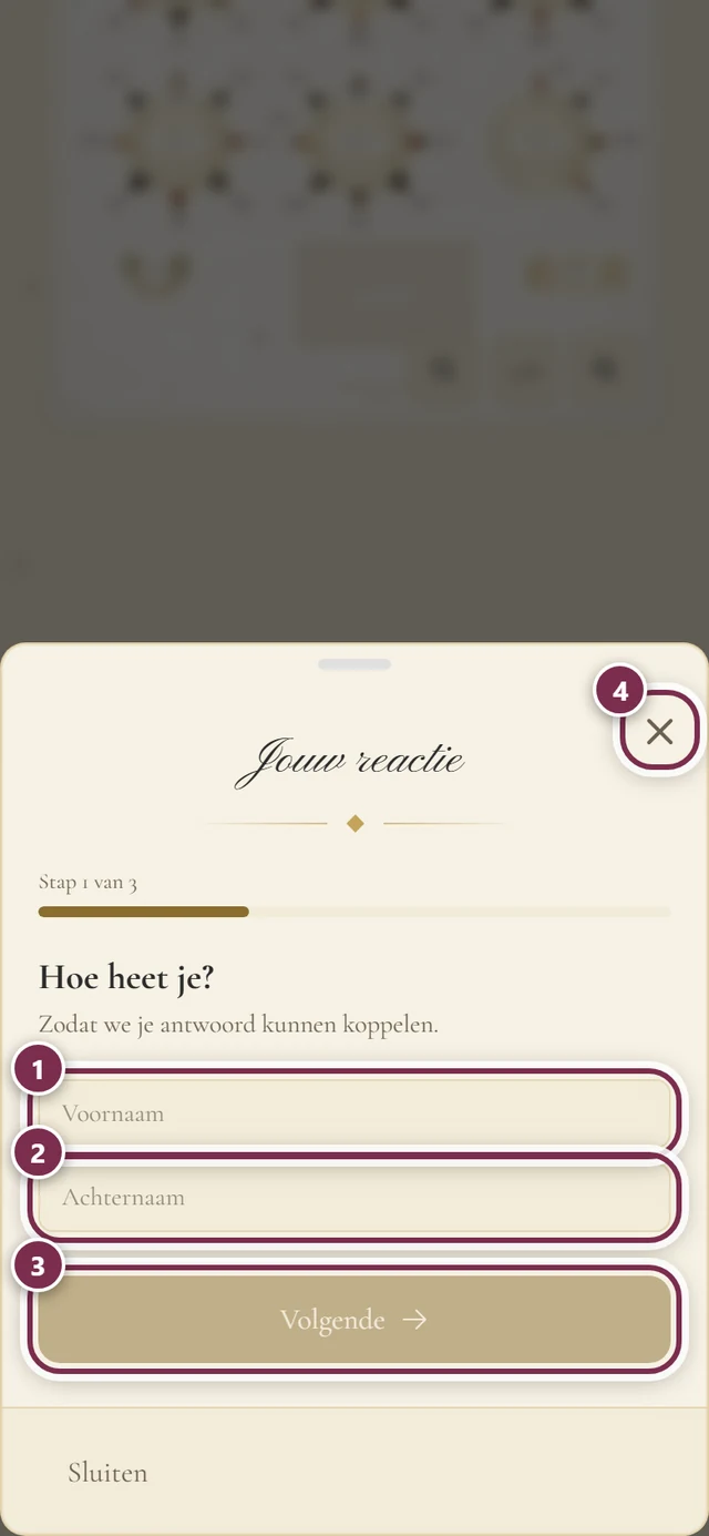 Antwoordvenster Jouw reactie met ringen om voornaam, achternaam, Volgende en het sluitkruis