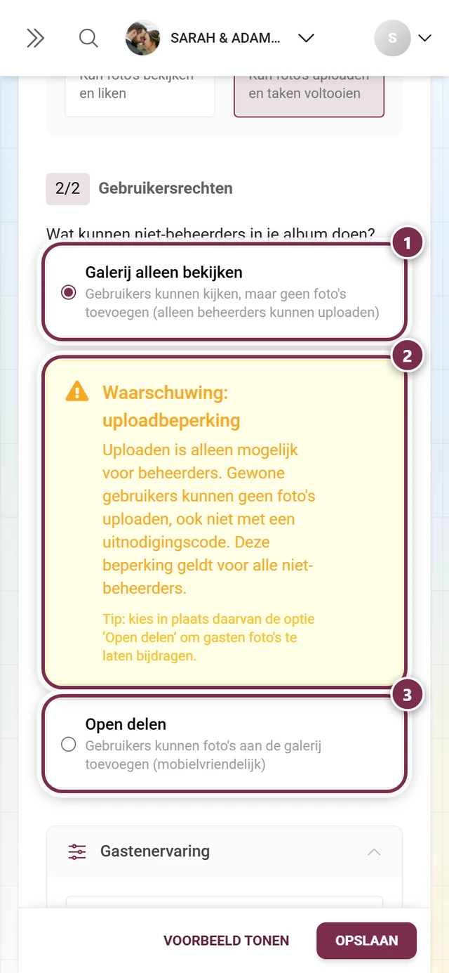 Onderdeel Galerijmodus met de optie Galerij alleen bekijken geselecteerd en de melding Alle gastuploads zijn uitgeschakeld