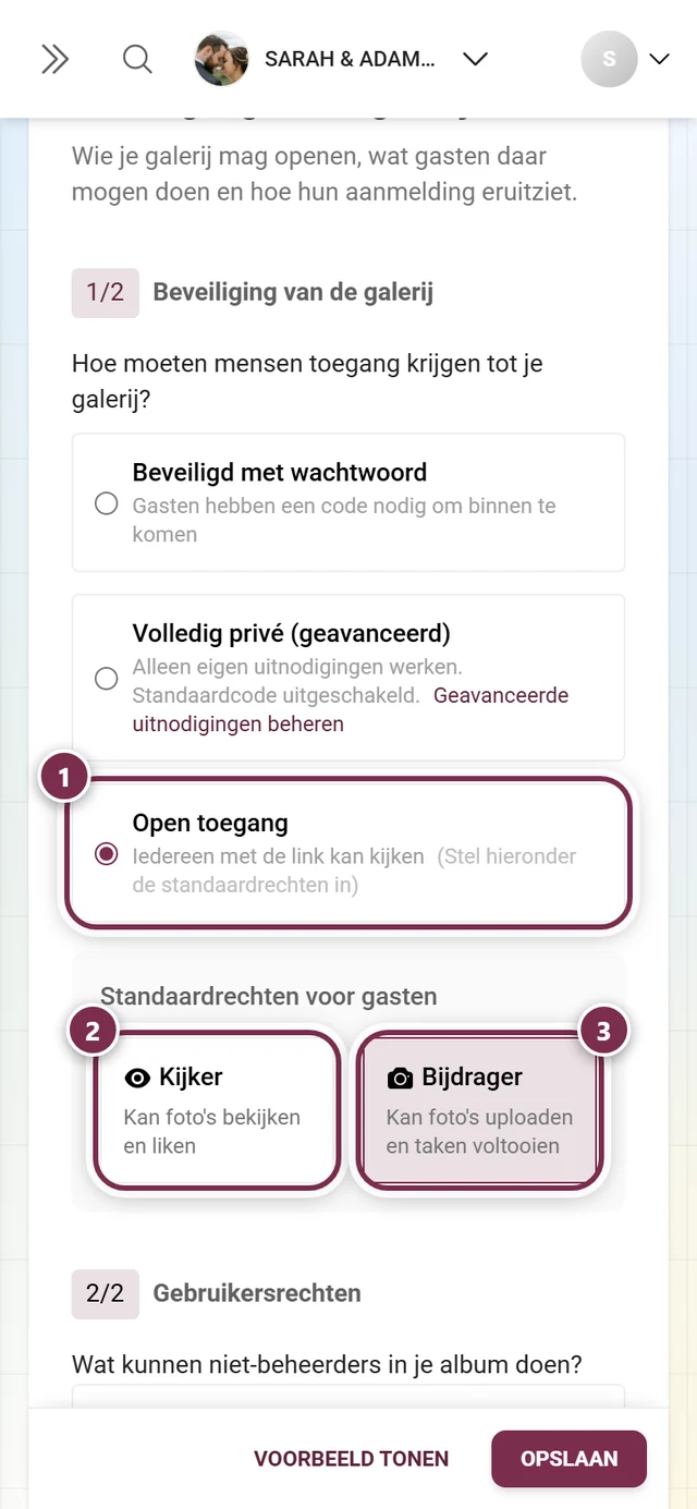 Galerijbeveiliging met de optie Open toegang geselecteerd en de keuzerondjes Kijker en Bijdrager