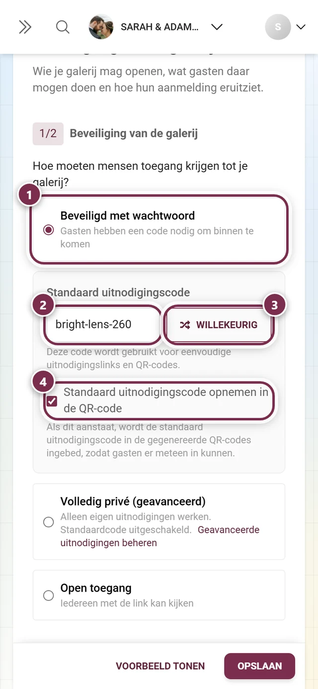 Galerijbeveiliging met de optie Wachtwoordbeveiligd geselecteerd, het veld Standaard uitnodigingscode, de knop Willekeurig en het selectievakje voor de QR-code