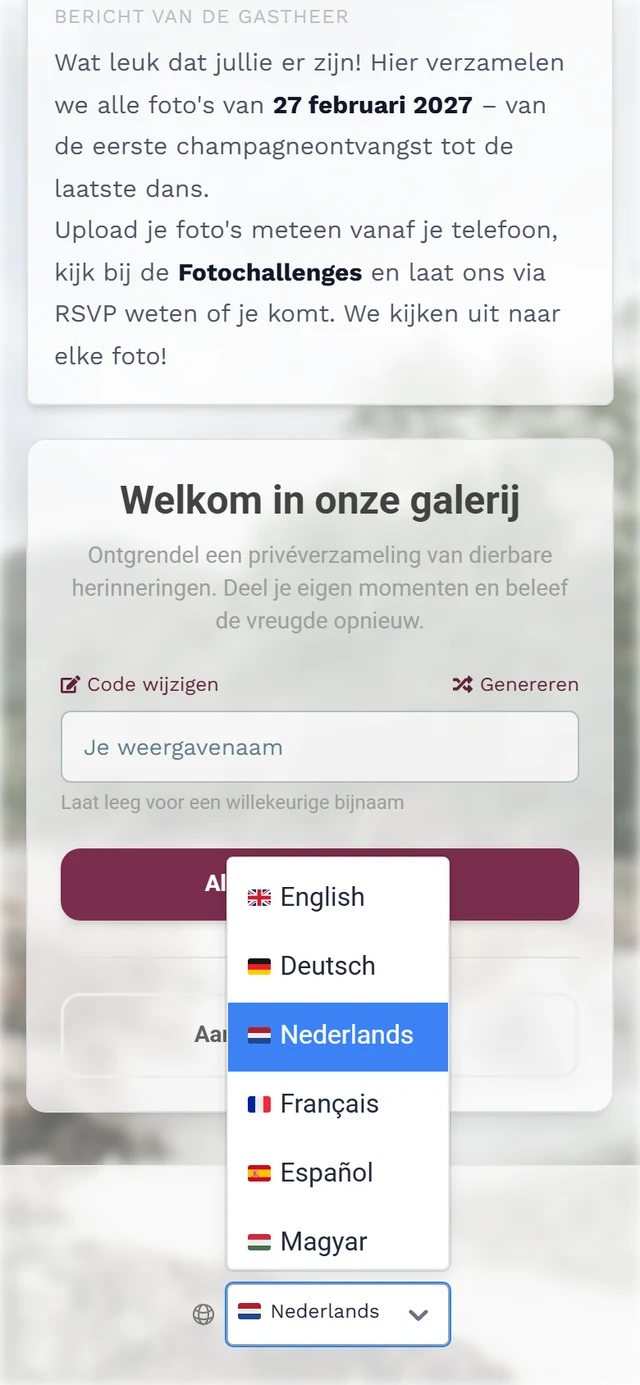 Voettekst van de deelnamepagina met wereldbol-symbool en uitgeklapte taallijst