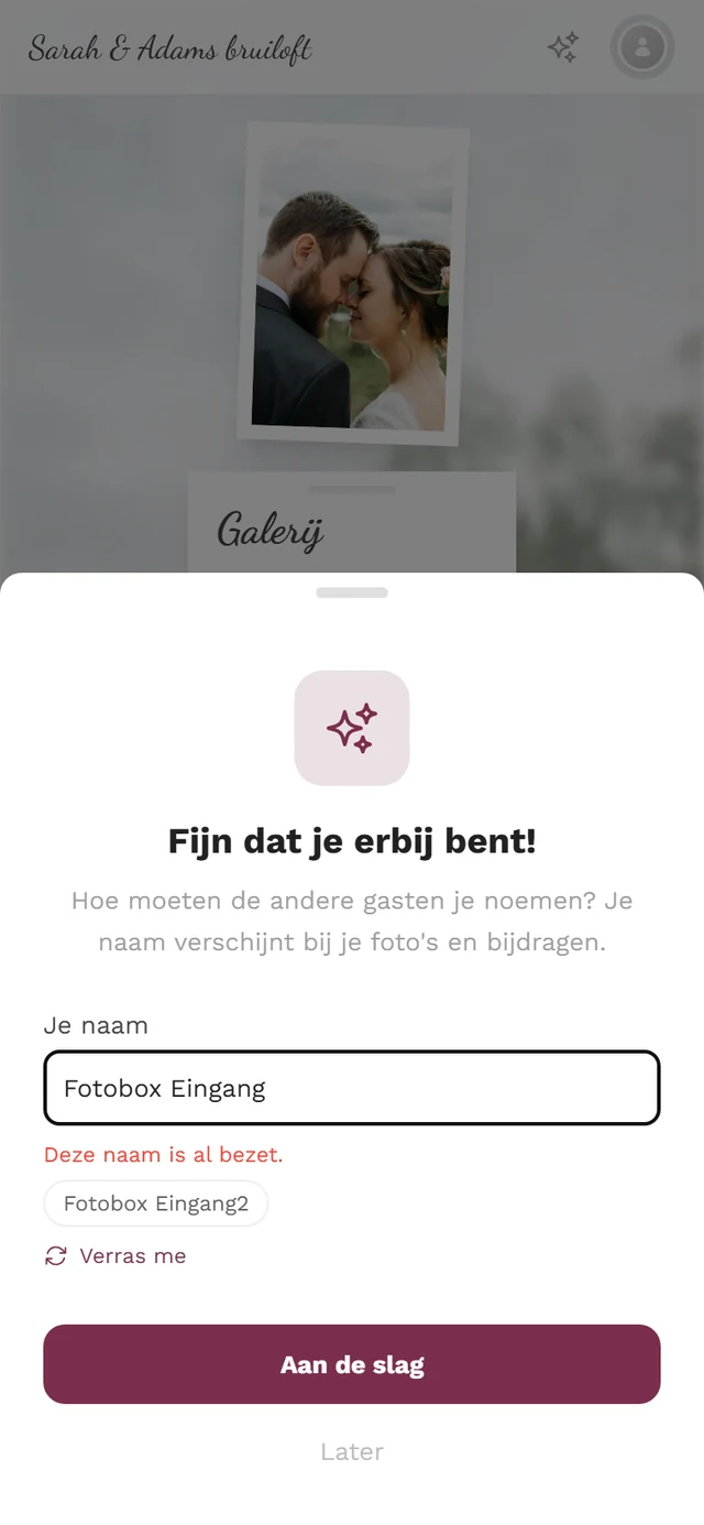 Hetzelfde dialoogvenster met de rode melding Deze naam is al bezet en de suggestie Fotobooth ingang2 eronder