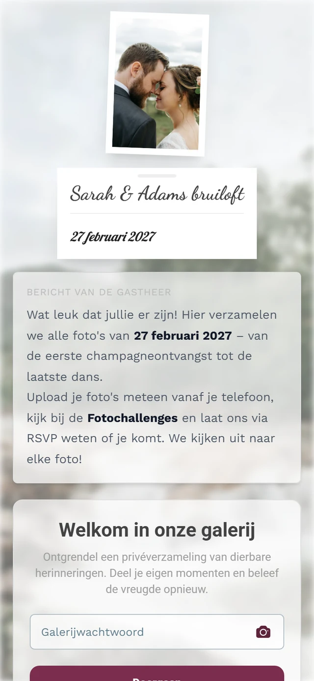 Welkomstscherm met het veld Galerijwachtwoord, een camera-icoon erin en de knop Volgende