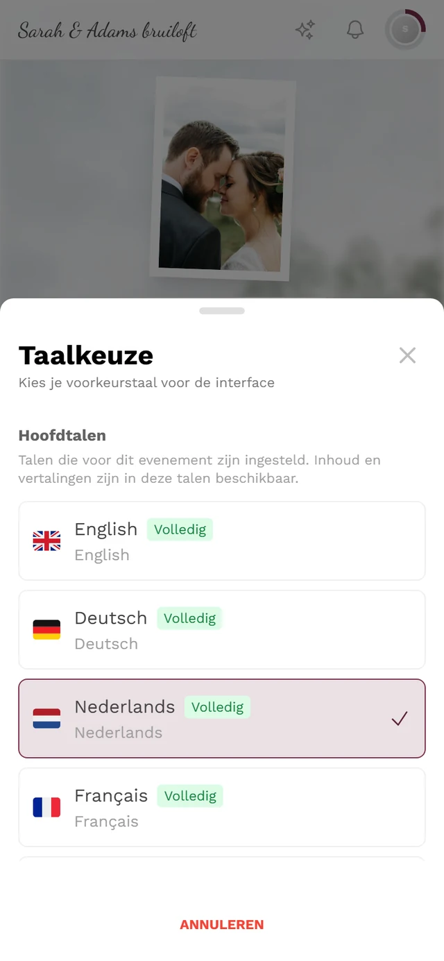 Dialoogvenster Taalkeuze met hoofdtalen, Volledig-badges en een vinkje bij de actieve taal