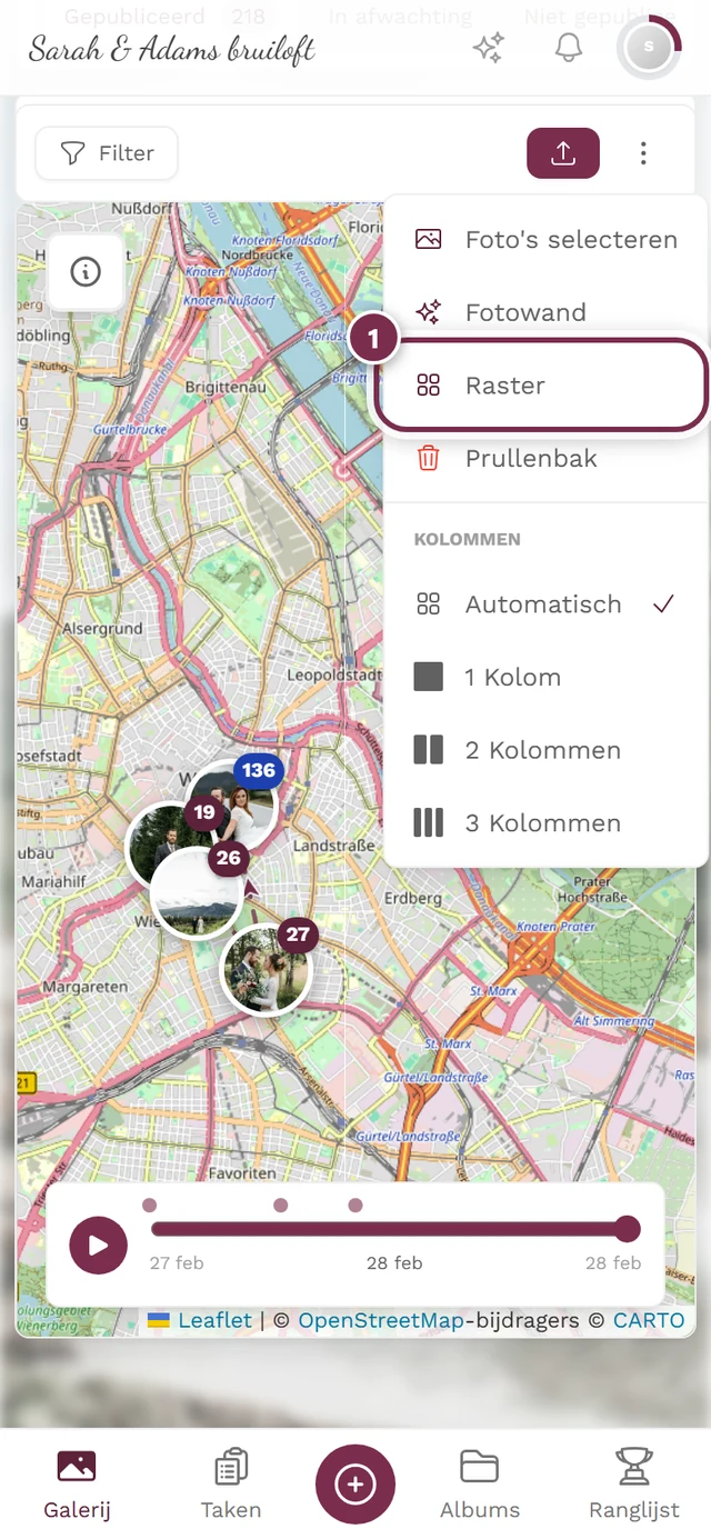 Kaartweergave met de Raster-knop gemarkeerd
