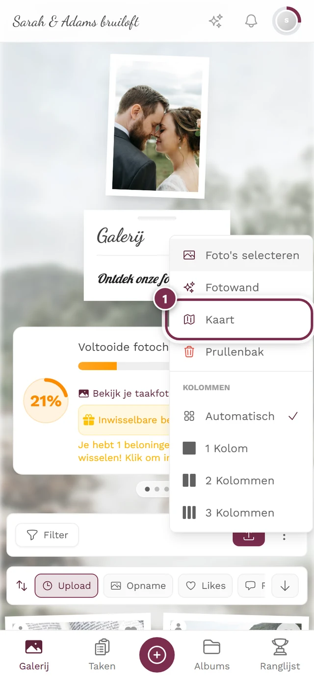 Geopend drie-puntenmenu in de galerij met het item Kaart gemarkeerd