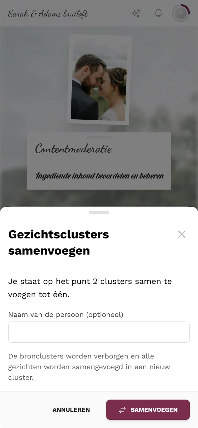 Dialoog Gezichtsclusters samenvoegen met het aantal clusters, het veld Naam van de persoon (optioneel) en de knoppen Annuleren en Samenvoegen