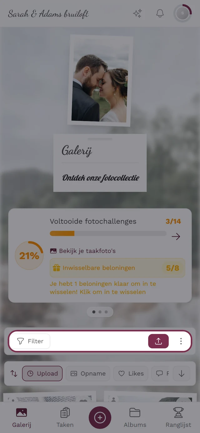 Werkbalk van de galerij met Filter, Uploaden, Selecteren, Fotowand en Kaart