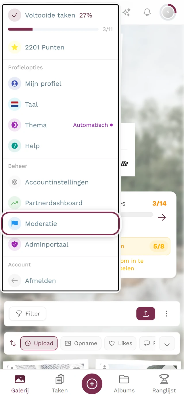 Geopend profielmenu met het onderdeel Moderatie in het onderdeel Beheer gemarkeerd