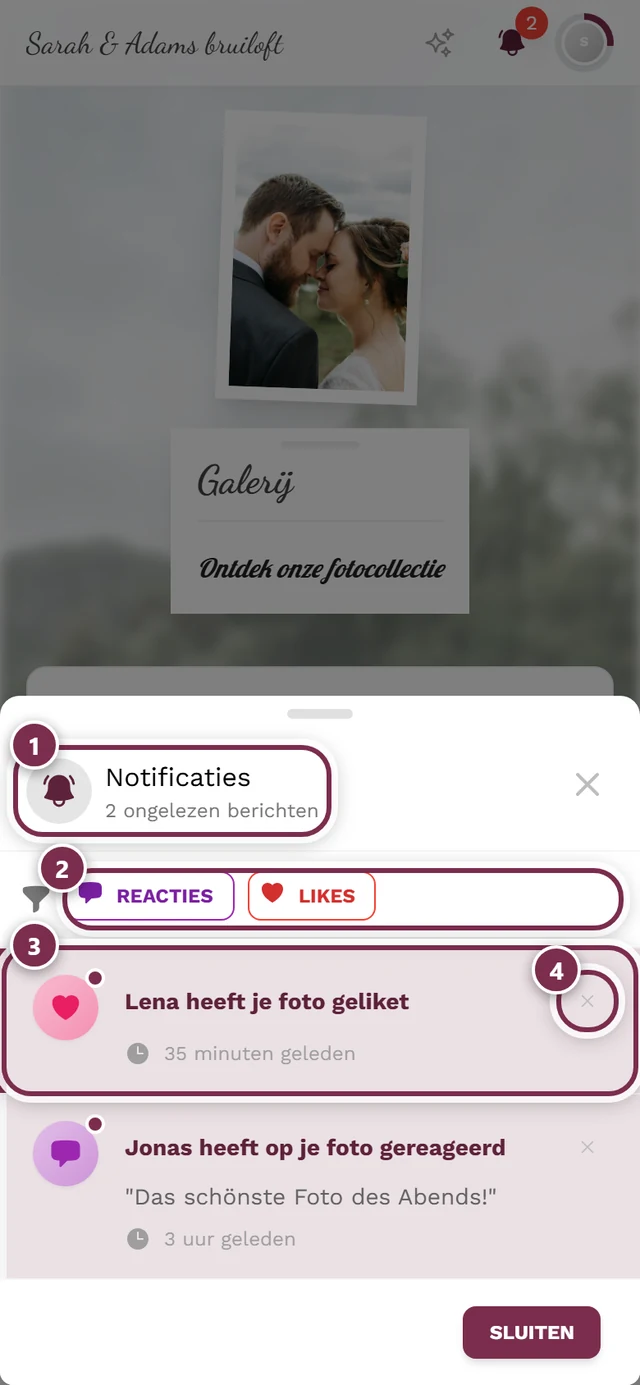 Notificatiedialoog met vier markeringen: kop, filter, item, verwijderen