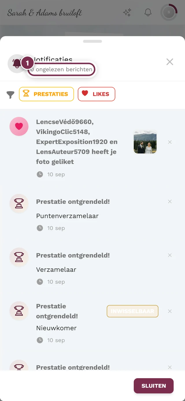 Geopend notificatiedialoog, de regel met ongelezen berichten is gemarkeerd