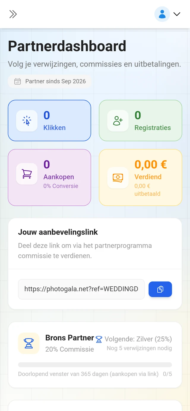 Affiliatedashboard met kerncijfers en aanbevelingslink