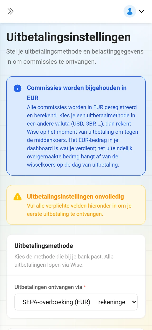 Uitbetalingsinstellingen en belastinggegevens in het partnerportaal
