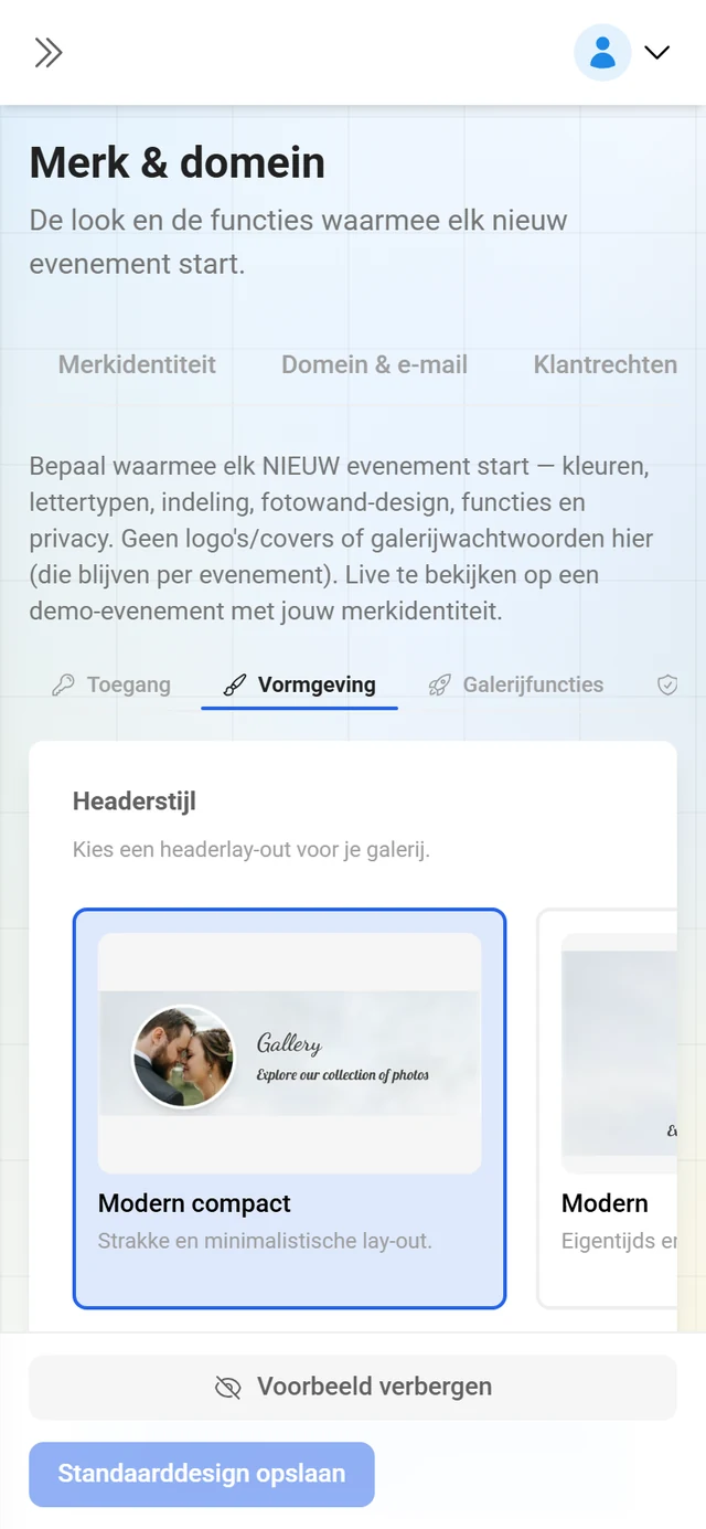 Tabblad Standaarddesign met stijl-, fotowand- en privacyvoorgaven