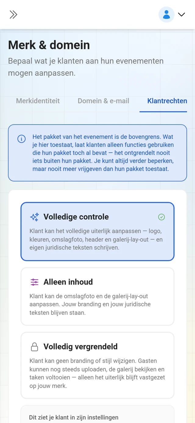 Tabblad Klantrechten met de schakelaars per gebied