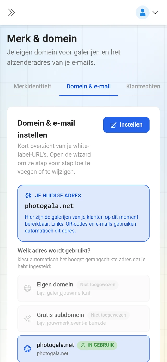 Tabblad Domein en e-mail van het merkbeheer