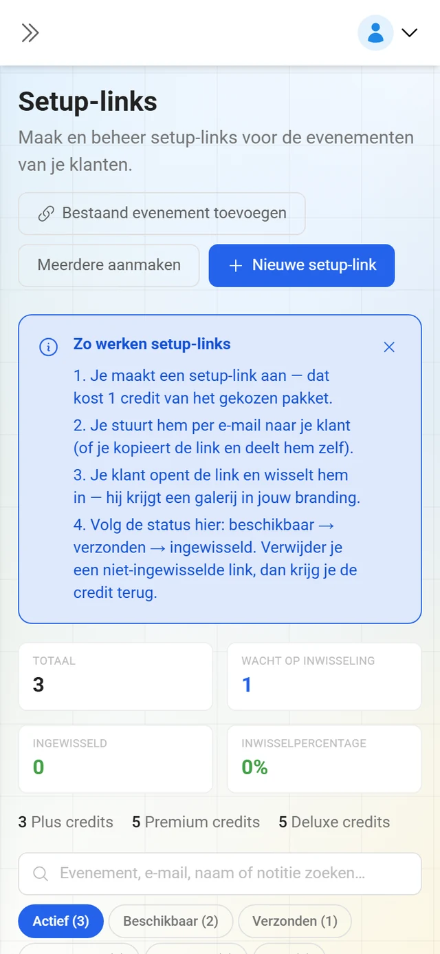 Pagina Setup-links met kerncijfers en lijst met sleutels