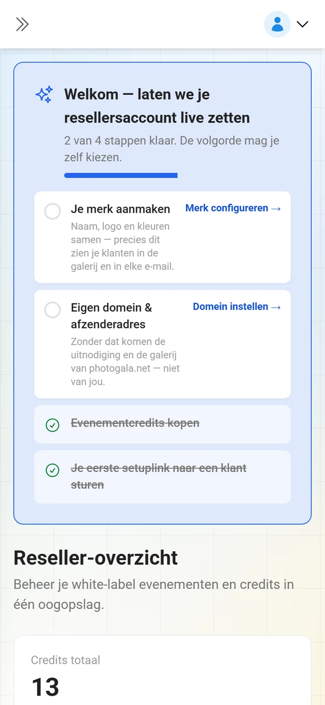 Overzichtspagina van het reseller-portaal