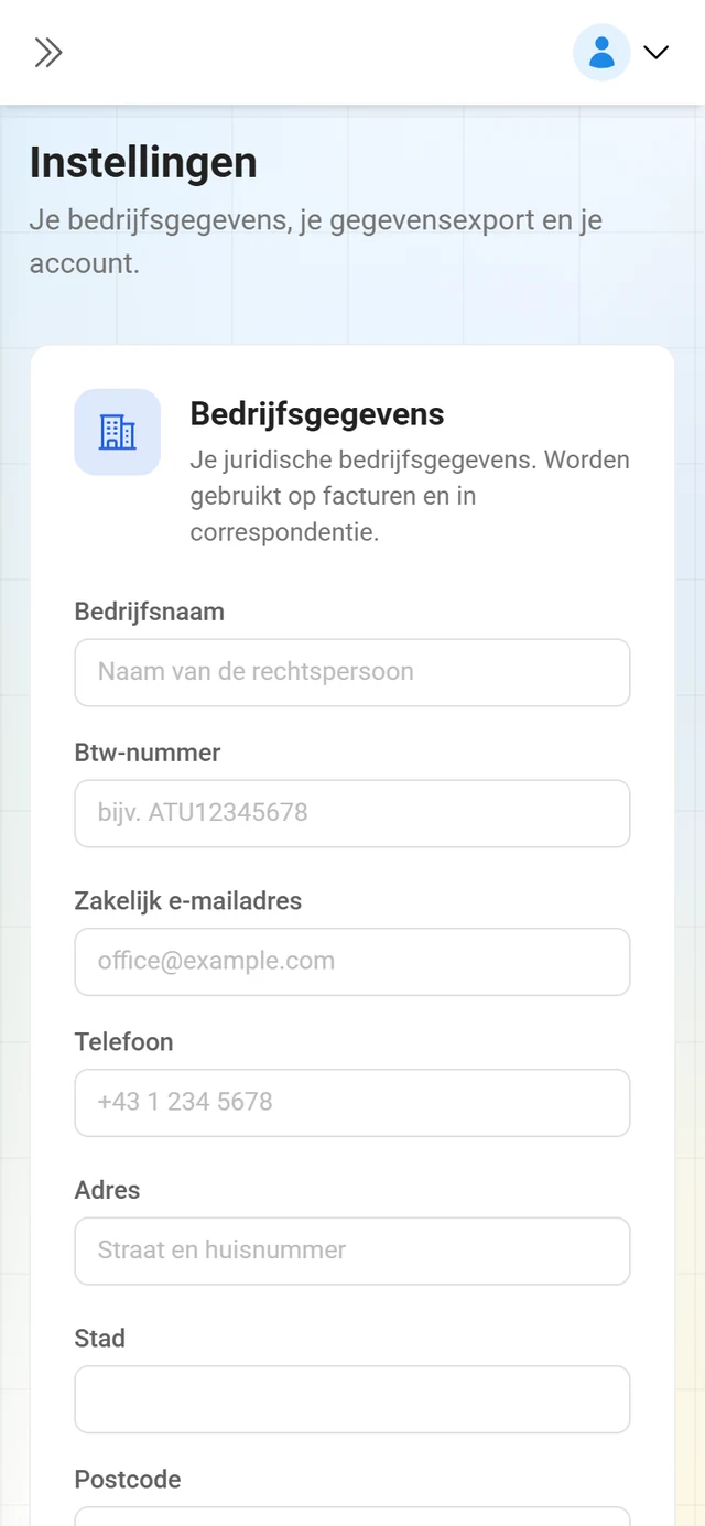 Pagina Instellingen met het formulier Bedrijfsgegevens