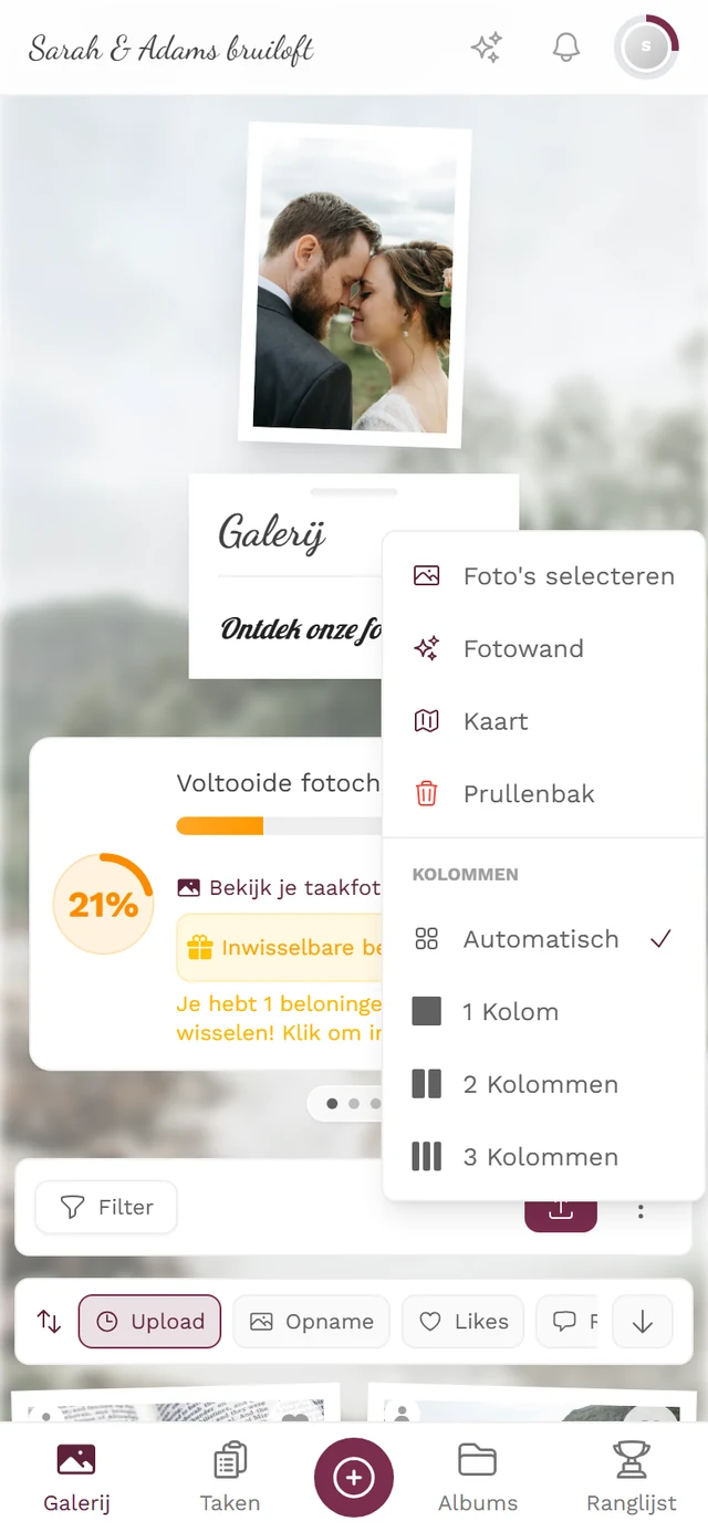Geopend ⋮-menu van de galerij op de telefoon met het onderdeel Fotowand