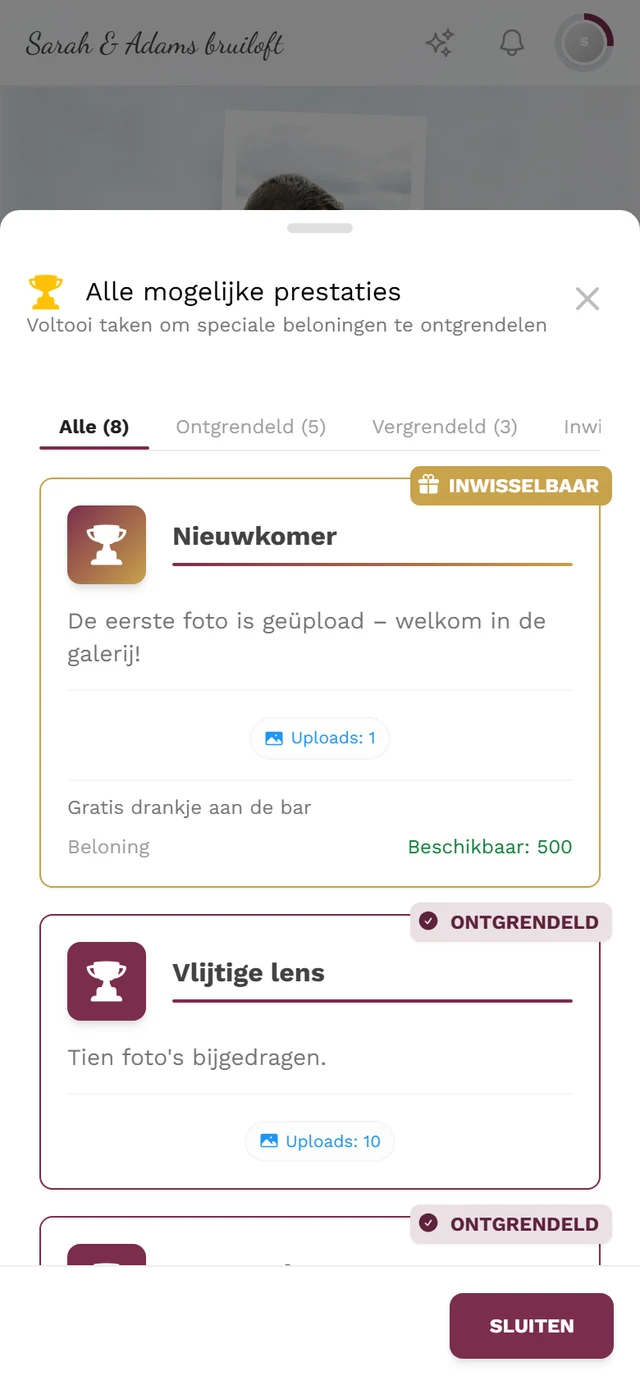 Dialoog Alle mogelijke prestaties met de tabbladen Alle, Ontgrendeld en Vergrendeld