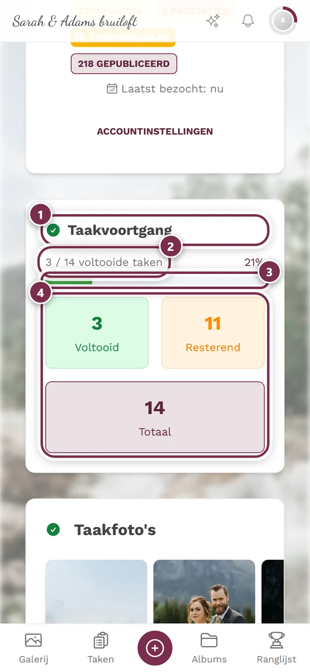 Taakvoortgang met voortgangsbalk en drie tegels